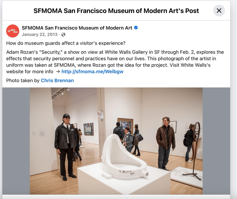 An SFMOMA social media post featuring Adam Rozan's Security project, in which he wore a security guard uniform and stood watch in San Francisco museums.